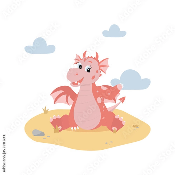 Fototapeta Red cartoon dragon sitting on sand. Cute character in flat style. Vector illustration on white background with clouds.