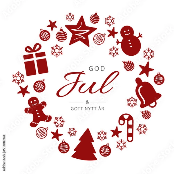 Fototapeta Swedish text God Jul och Gott Nytt År. Merry Christmas and Happy New Year. Vector. Cartoon