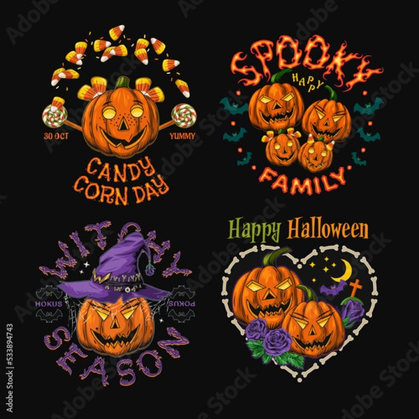 Fototapeta Set of 4 labels with pumpkins like human characters, sweets, candy, bones, bat, witch hat, text. Halloween colorful funny emblems in vintage style