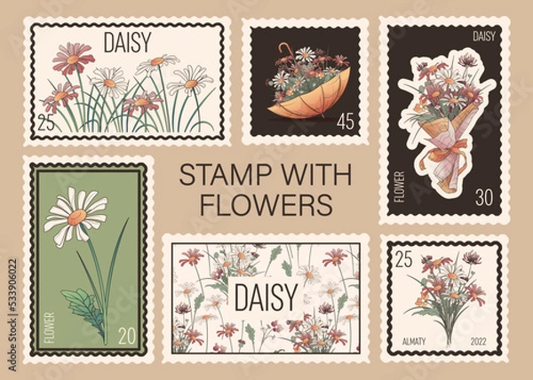 Fototapeta Collection postage stamps with illustration of daisy flowers, bouquets. Vector illustration perfect for design of flower shop, envelope decoration.