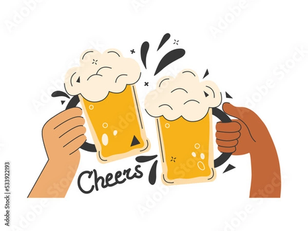 Fototapeta Two friends toast with with beer mugs. People celebrating Oktoberfest festival. Have a beer with your friends. Design for banner, poster, greeting cards, party invitations. Cheers lettering phrase