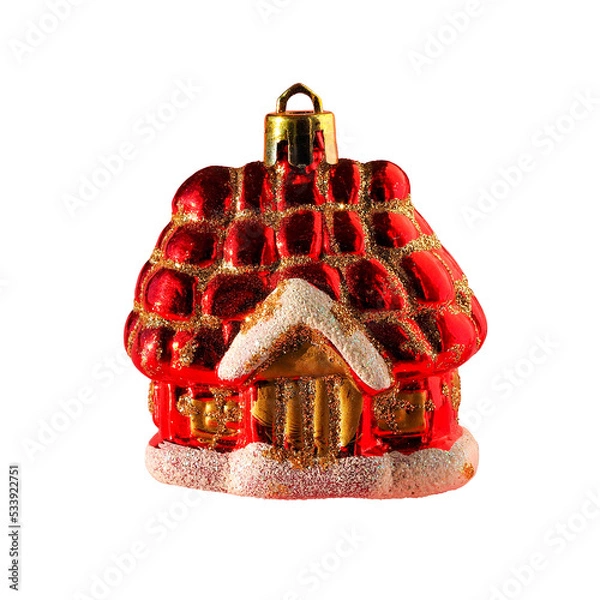 Fototapeta The red house is an isolated toy For the Christmas Tree. Christmas decorative ball (house) isolated on a transparent background
