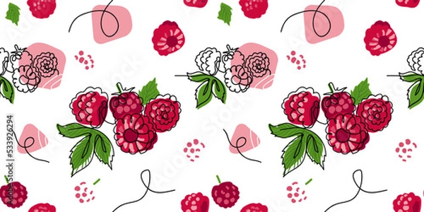 Fototapeta Raspberry vector pattern. One continuous line art drawing of raspberry pattern