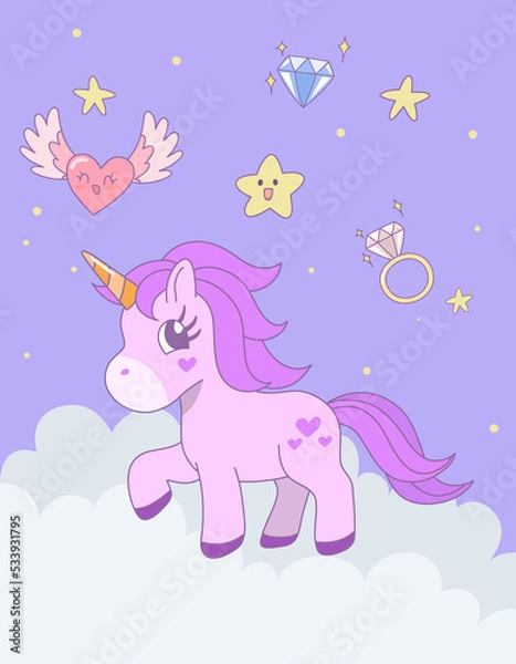 Fototapeta Cute unicorn standing on the cloud with star in the sky. Design illustration.