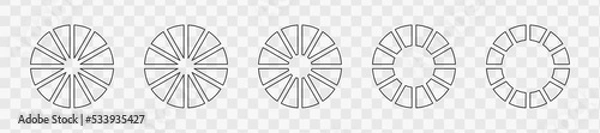Fototapeta Outline donut charts or pies segmented on 12 equal parts. Set of infographic wheels divided in twelve sections. Circle diagrams or loading bars on transparent background. Vector graphic illustration