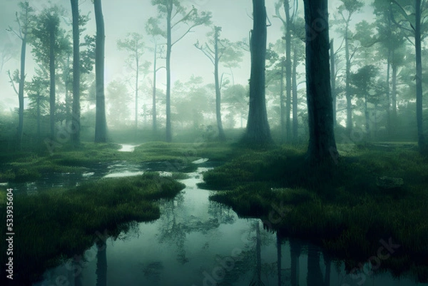 Fototapeta A foggy swamp. Dark and mysterious. 