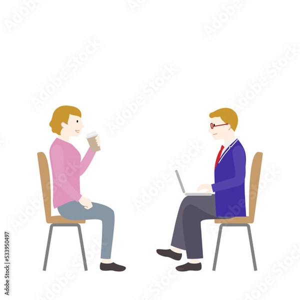 Fototapeta オフィスカフェで雑談をするビジネスマンとビジネスウーマンのイラスト（白背景・ベクター・切り抜き）