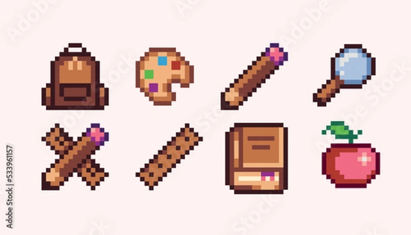 Fototapeta School tools pixel art set. Student logo collection, education signs. 8 bit sprite. Game development, mobile app.  Isolated vector illustration.