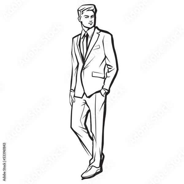 Obraz Businessman in suit standing, abstract ink drawing vector silhouette. Male fashion model