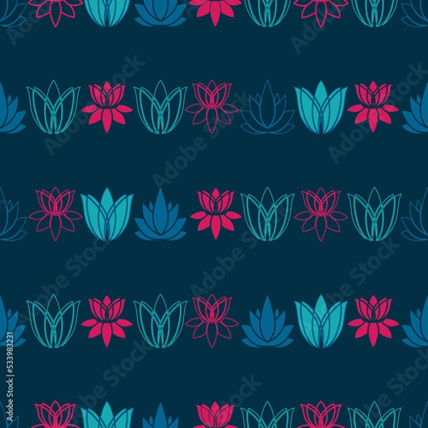 Fototapeta Royal blue repeat pattern design, featuring various coloured lotus flowers.  Perfect for fabric, scrapbooking, quilting, wallpaper, swatches and many other projects.