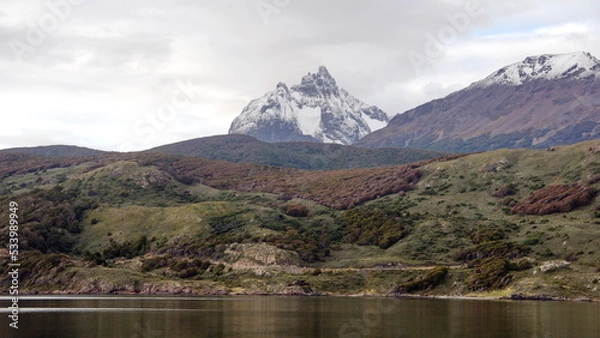 Fototapeta Snow capped mountains along the Beagle Channel near Ushuaia, Argentina
