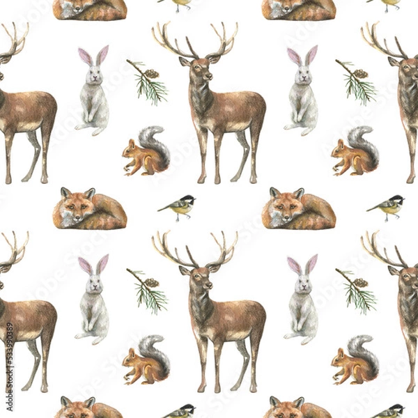 Obraz Beautiful seamless pattern with watercolor hand drawn wild white hares, deer, birds, squirrels. Winter forest illustration.