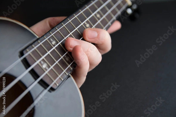 Fototapeta Close up ukulele isolated on dark background. Copy text.