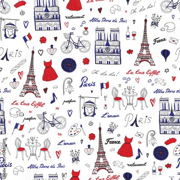 Fototapeta Paris France travel vector seamless pattern.