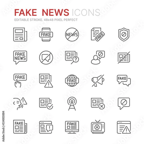 Obraz Collection of fake news related outline icons. 48x48 Pixel Perfect. Editable stroke