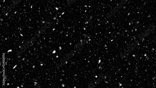Fototapeta Falling realistic natural snowflakes overlay from top to bottom - calm snow for digital composition and photo composite with black background