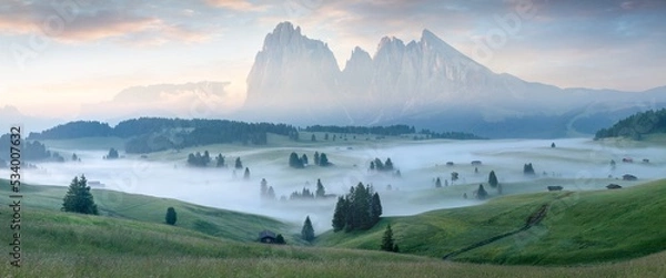 Fototapeta Alpe di Siusi or Seiser Alm, Dolomites Alps Sassolungo and Sassopiatto mountains, Trentino Alto Adige Sud Tyrol, Italy, Europe