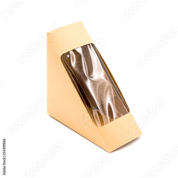 Fototapeta Mockup Brown Blank Cardboard Triangle Take Away Box Packaging For Sandwich, Food package, Empty, plastic window, isolate on white background