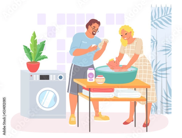 Obraz Happy parent bathing newborn baby flat vector