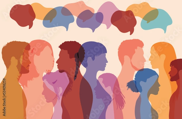 Fototapeta Community discussion. Conversation among friends. Social networking. Vector cartoon profile talking. Speech bubble and social network.