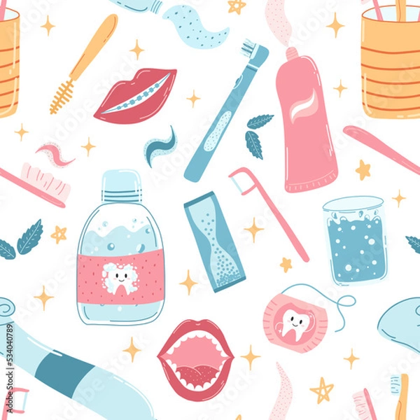 Fototapeta Seamless pattern with hand drawn dental care products in cartoon flat style. Vector illustration of mouth wash, toothbrush, toothpaste tube, floss, interdental brush for wrapping paper, fabric print