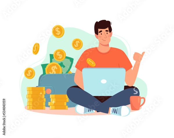 Obraz Freelancer at the laptop, from which gold coins are pouring into a wallet with dollars. Rich man works at home. Boy and big income, earn money online. Vector illustration flat, isolated background