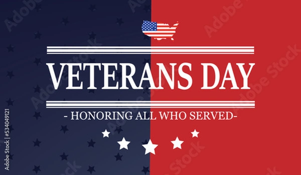 Fototapeta Honoring All Who Served, hand lettering with USA flag illustration. November 11 holiday background. Veterans Day poster, greeting card in vector.
