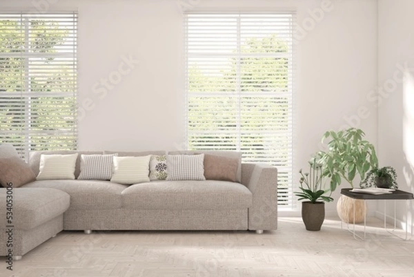 Obraz White living room with sofa and summer landscape in window. Scandinavian interior design. 3D illustration