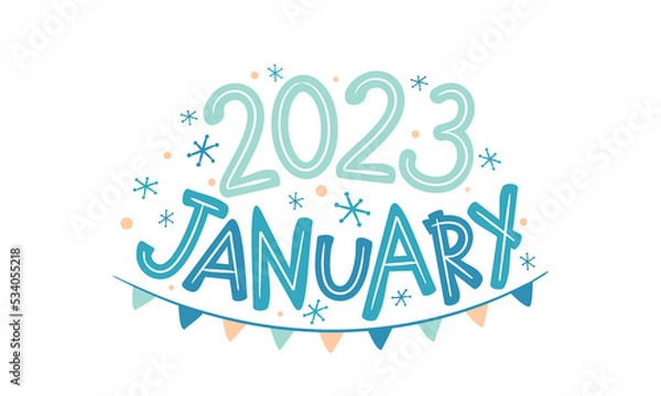 Obraz January 2023 logo with hand drawn snowflakes and garland. Months emblem for the design of calendars, seasons postcards, diaries. Doodle Vector illustration isolated on white background.