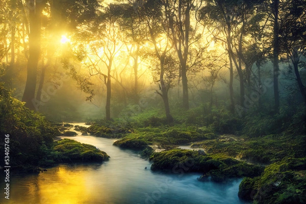 Fototapeta Green forest in sunlight with forest stream