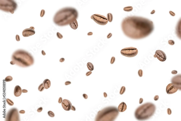 Obraz Coffee beans flying background. Black espresso grain falling on white. Rustic coffee bean fall isolated. Represent breakfast, energy, freshness or great aroma concept.