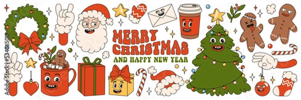Obraz Merry Christmas and Happy New year. Santa Claus, Christmas tree, gifts, cocoa, coffee, gingerbread in trendy retro cartoon style. Sticker pack of cartoon characters and elements.