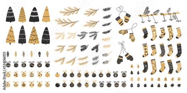 Fototapeta Set of Christmas decor for typographic design. Christmas trees, balls, socks, pine cones and fir branches. Vector illustration in black and gold style
