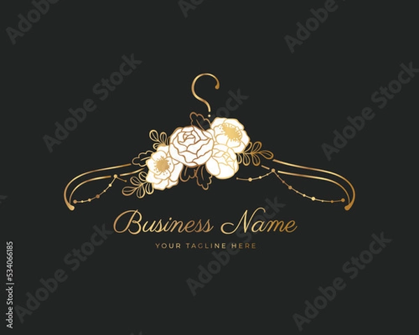 Fototapeta Hanger logo design with white roses and peonies . Element for Atelier, wedding boutique, women's clothing store and fashion designer