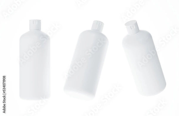 Fototapeta Different views of plastic shampoo bottle 3D render isolated on white background, cosmetic hair care product design concept and branding ready mockup
