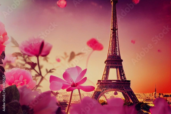 Fototapeta Beautiful view from the pink flower covered  the Eiffel tower and pink sunrise. Digital collage , mural and fresco. Wallpaper. Poster design. Modular panno 3d AI Neural Network Generated Art Wallpaper