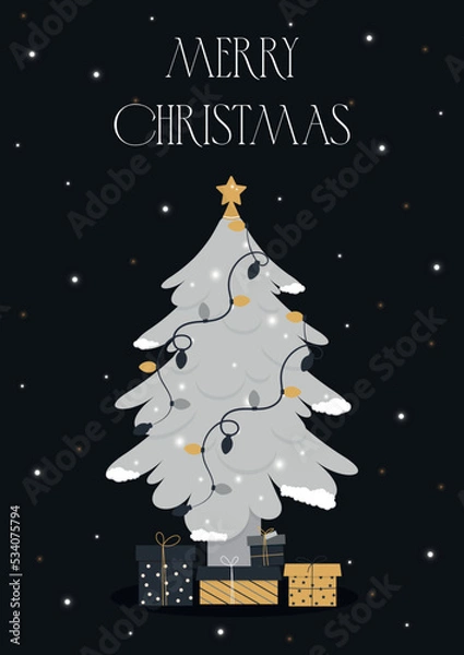 Obraz Merry christmas card with tree and gifts