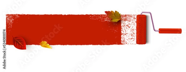 Fototapeta Paint stroke background with paint roller and autumn leaves