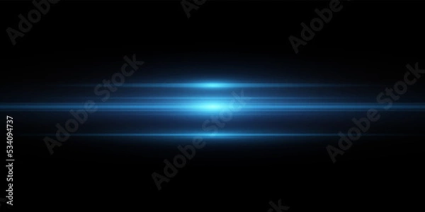 Fototapeta Horizontal light effect isolated on black background. Graphical element for design. Bright blue glowing lines. Lens flare. Abstract rays. Vector illustration