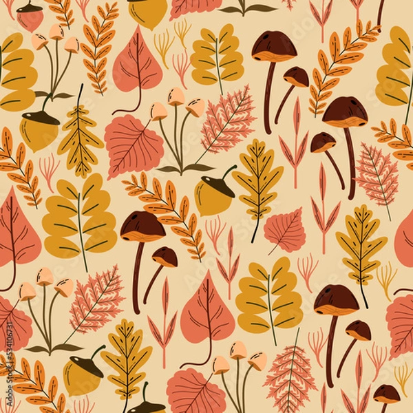 Fototapeta Vector autumn seamless pattern with leaves, acorns, acorns on a green background. Seasonal ornament. Endless texture can be used for web design, printing onto fabric and paper or scrapbooking.