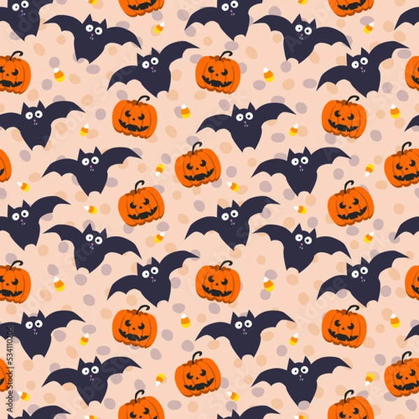 Fototapeta Bat and pumpkin. Halloween. Seamless background. vector pattern