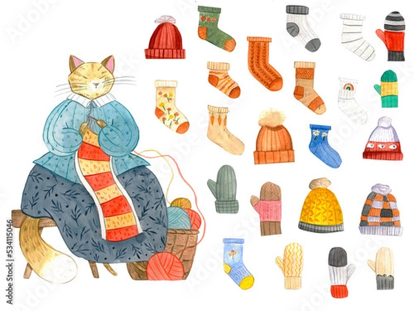 Fototapeta Watercolor illustration set isolated on white background. Character design cat knitting a scarf. Knitewear set with scarf, hats, mittens and socks. Illustration for design.