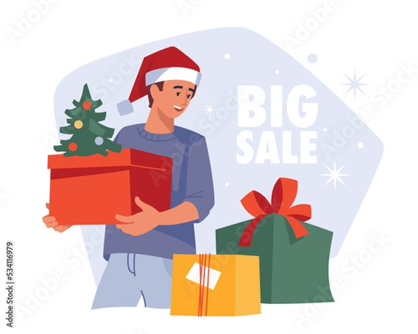 Obraz People with gifts. Man with a gift box. Christmas sale. Preparing for Christmas. Vector image.