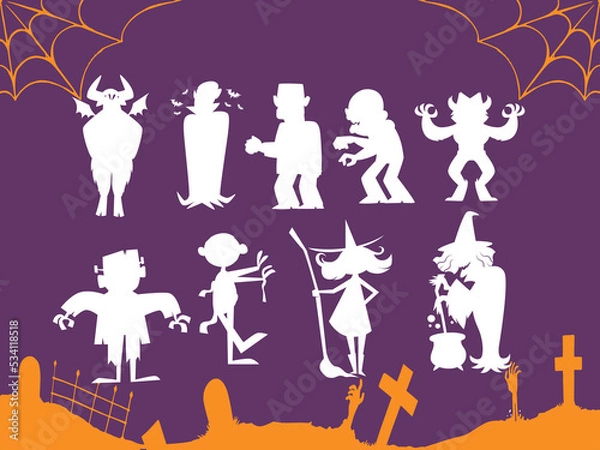 Fototapeta Happy halloween lettering with spiderweb icon set