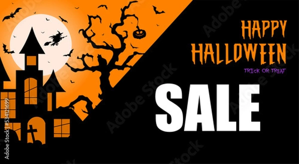 Obraz halloween promotion banner poster or background,haunted house,witch,pumpkin,tombstone on yellow black background halloween party poster