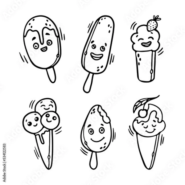 Obraz Kawaii Ice Cream outline doodle cartoon set Vector Illustration. Funny Character faces with different cheerful emotions for the Coloring page