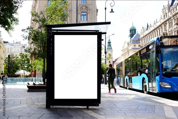 Fototapeta blank poster sign panel bus shelter. billboard mockup display. white lightbox sign in bus stop. digital panel. city transit station. urban street. park setting. outdoor advertising
