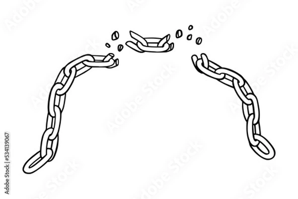 Fototapeta Broken chain with shatters as symbol of strength and unity. Sketch of metal chains. Vector illustration isolated in white background