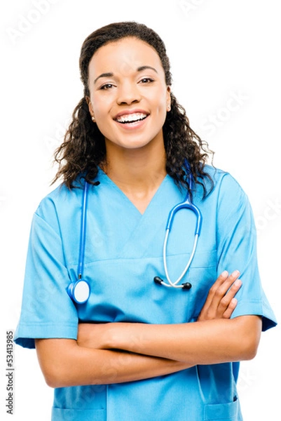 Fototapeta Happy mixed race nurse smiling arms folded isolated on white bac