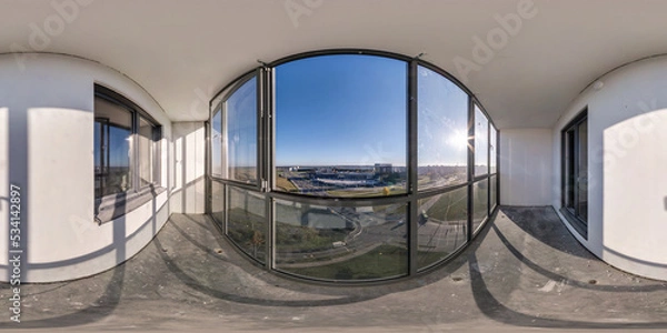 Obraz 360 hdri panoramaa view from  balcony with dirty dusty glass of multi-storey building to busy intersection of huge residential complex  in equirectangular seamless spherical projection, AR VR content